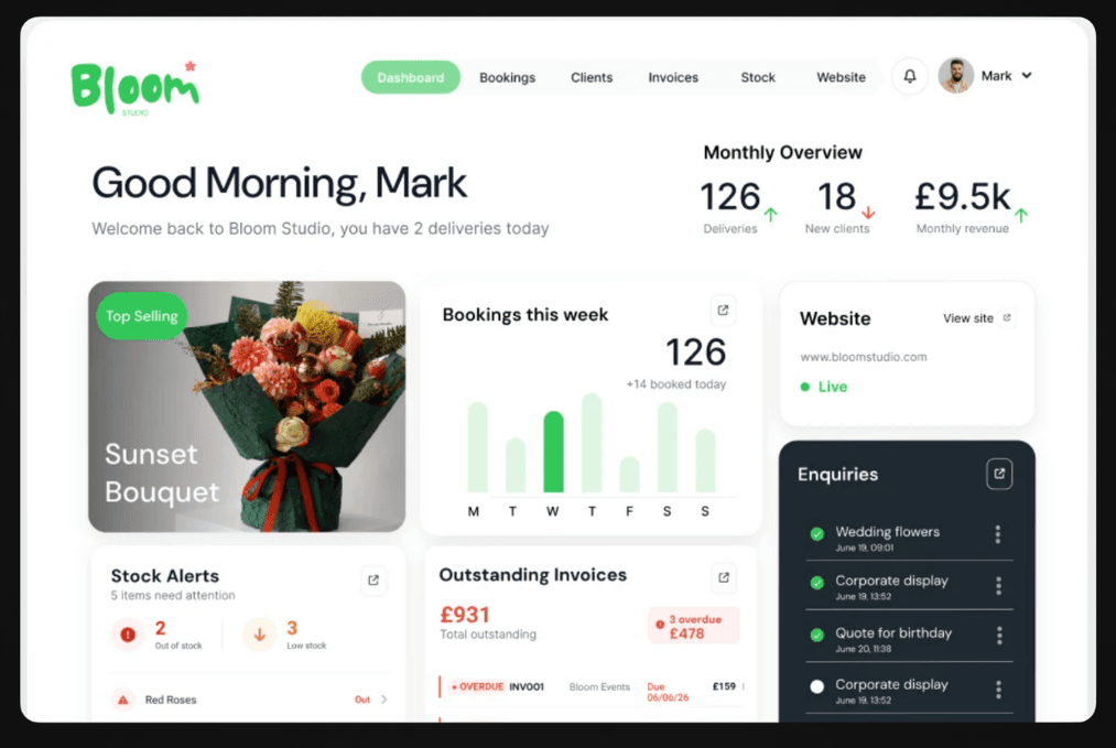 Demo dashboard showing bookings, invoices, stock alerts and enquiries for sample business Bloom Studio